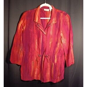 Chico’s Size 2 Linen Blend Jacket Semi Sheer Red Pink Stripe Drawstring Boho
